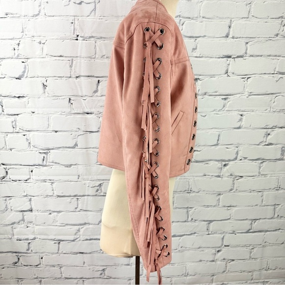 House Of CB Faux Suede Fringe Jacket Pink Women’s Medium Coastal Cowgirl Western - Picture 6 of 13
